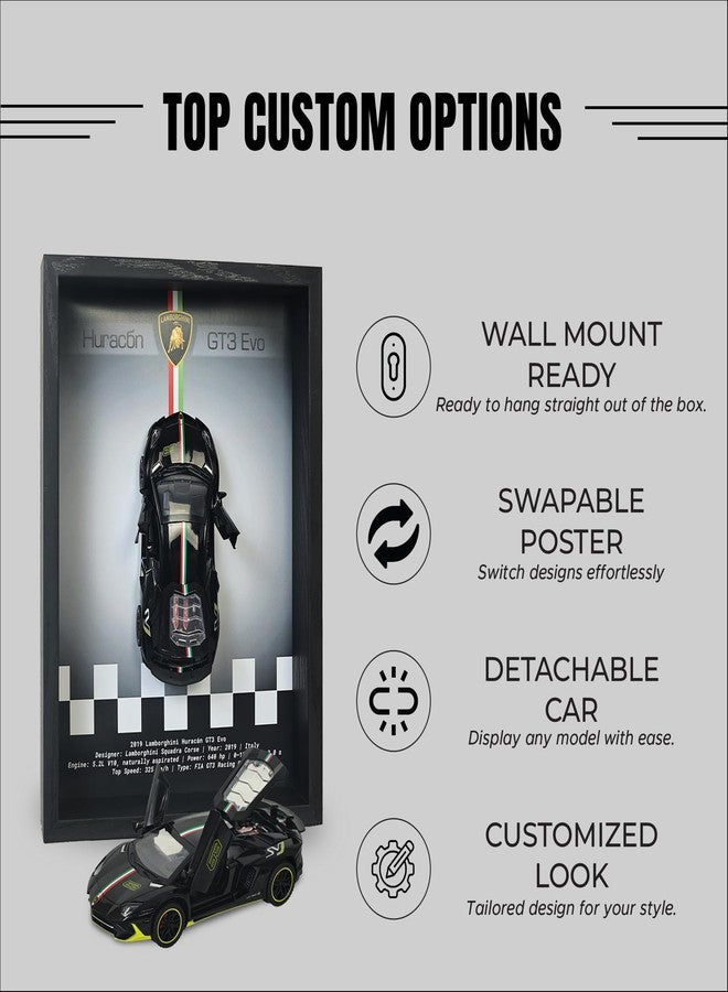 CodersParadise - Lamborghini Huracan Black 3D Car Frame Wall Art | 1:32 Die-Cast Metal Model Car with Wooden Display Frame | Detachable Miniature, Interchangeable Posters, Pull-Back Action, Working Lights & Opening Doors | Premium Collectible Gift for Cars Lovers - Image 3